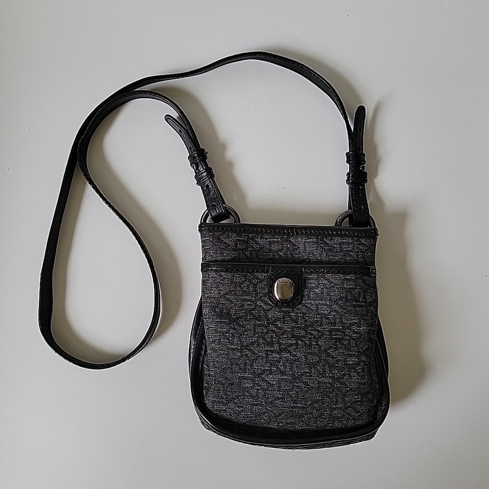 Vintage‎ DKNY Town Country Monogram Crossbody Bag Black Gray Coated Canvas 90s